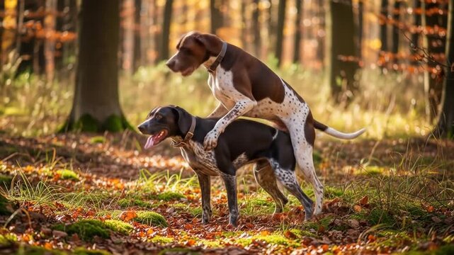 Two German Shorthaired Pointers Mating in an Autumn Forest Setting, dogs showing affection in
