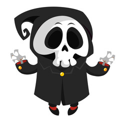 Funny cartoon grim reaper character design in black cape hood. Halloween illustration for party decoration or package. Isolated