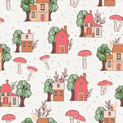 small houses and trees pattern design