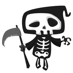 Funny cartoon grim reaper character design in black cape hood. Halloween illustration for party decoration or package. Isolated