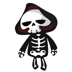 Funny cartoon grim reaper character design in black cape hood. Halloween illustration for party decoration or package. Isolated