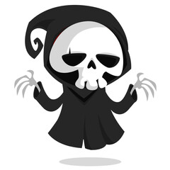 Funny cartoon grim reaper character design in black cape hood. Halloween illustration for party decoration or package. Isolated