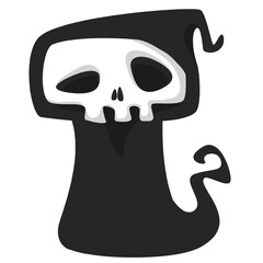 Funny cartoon grim reaper character design in black cape hood. Halloween illustration for party decoration or package. Isolated