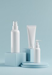 Minimalist arrangement of white cosmetic bottles and tubes on blue blocks