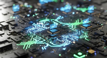 Glowing Circuit Board with Central Processor and Data Graph (AI Generated)