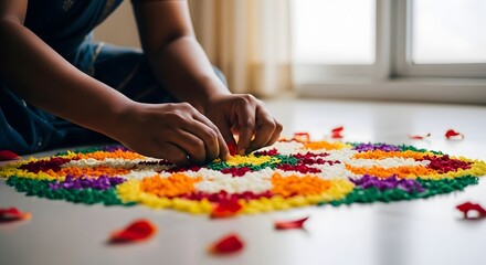 Hands Creating Vibrant Floral Rangoli Art for Festival