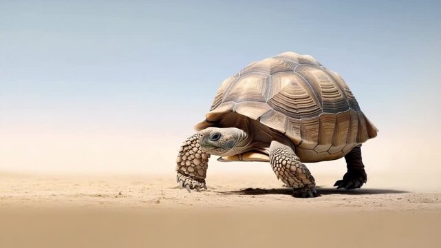 Tortoise's Journey: A Tortoise, with its textured shell, is seen in the middle of a vast, sandy desert under a clear sky, showcasing the beauty of perseverance and the stark beauty of nature.