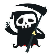 Funny cartoon grim reaper character design in black cape hood. Halloween illustration for party decoration or package. Isolated