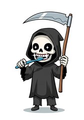 Obraz premium Cartoon Grim Reaper brushes teeth with a scythe on his back cartoonish style