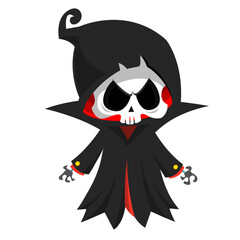 Funny cartoon grim reaper character design in black cape hood. Halloween illustration for party decoration or package. Isolated