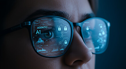 Businesswoman Analyzing Data with AI Assistant in a Modern Environment, Agentic AI, AI agents, AI technology, AI-powered security, AI data visualization, 
