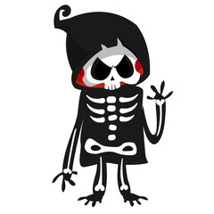 Funny cartoon grim reaper character design in black cape hood. Halloween illustration for party decoration or package. Isolated