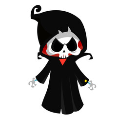 Funny cartoon grim reaper character design in black cape hood. Halloween illustration for party decoration or package. Isolated