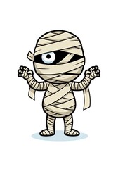 Cartoon mummy with wrappings one eye visible hands raised