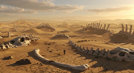 Ancient Whispers in the Desert: An expansive desert landscape strewn with colossal, ancient skeletal remains of a lost civilization, illuminated by a warm, ethereal light.