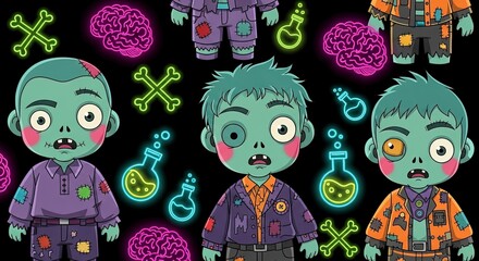 Cartoon zombies with patches neon flasks bones  brains on a black background