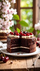 Sliced Chocolate Cake with Cherries