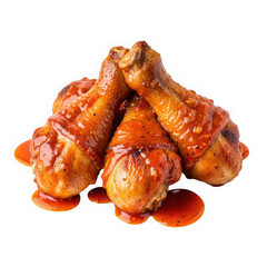 Delicious barbecue chicken drumsticks with spicy sauce, grilled and glazed isolated on transparent background