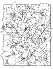 Flower Coloring Page for adults. Adult coloring page with flowers. Floral Coloring book page design. Flower Pattern for coloring. Outline Flowers Background. Black and Whit Flowers. Floral Background