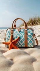 A stylish patterned handbag with a bright orange starfish resting on a sun-drenched sandy beach. A perfect concept for summer vacation, travel, and seaside fashion accessories.