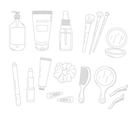 Cosmetic and beauty accessories in line art style. Includes lotion, cream, serum, brushes, mirror, comb, lipstick, clips, and scrunchie. Perfect for salon or makeup design.