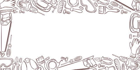 Border of repair tool in line art style on white background. Perfect for banner website, invitation, repair service wallpaper or workshop theme.