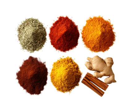 Spice blending process kitchen culinary arts overhead view, isolated on transparent background, png