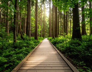 Obraz premium Sunlit boardwalk path through lush, green forest