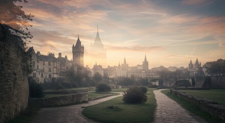 Obraz premium Old Town at Dawn: An old town at dawn with vintage buildings standing majestically in the soft morning light, evoking a sense of timelessness and tranquility. A photorealistic architectural scene.