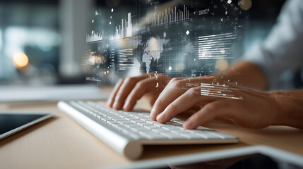 Hands Typing on Keyboard with Data Visualization Overlay