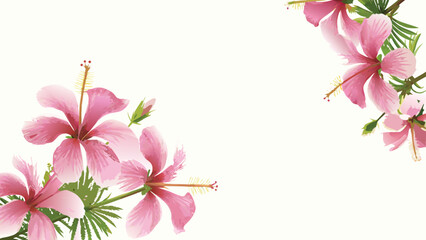 Watercolor hibiscus flowers with green leaves arranged on the corners of a light background making a frame
