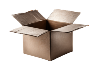 Open cardboard box product minimalist direct view unboxing, isolated on transparent background, png