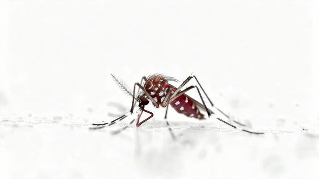 Mosquito lying down on a blurred ground surface, possibly in search of blood.