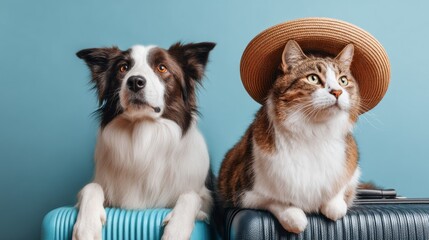 Obraz premium A playful dog and a curious cat sit side by side on colorful suitcases, displaying excitement for their upcoming journey, both wearing fashionable hats against a blue background.
