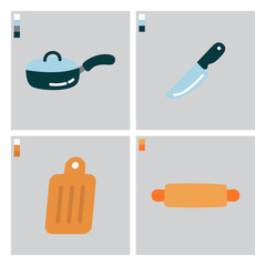 Flat kitchen Set of flat style kitchen utensil icons including frying pan with lid, kitchen knife, cutting board, and rolling pin, isolated on grey background with color swatches.utensils icon se...