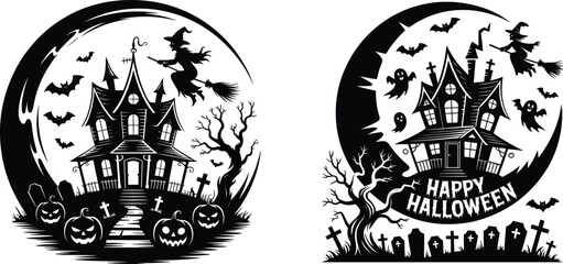 Fototapeta premium Set of Halloween t-shirt designs with haunted house, witch, spooky ghosts, full moon, pumpkins, bats, scary tree with night vibe and Halloween elements vector illustration on black background.