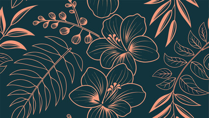 Seamless floral pattern with hibiscus flowers and tropical leaves, a vibrant design for textile, fabric, wallpaper, and decorative backgrounds