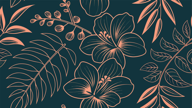 Seamless floral pattern with hibiscus flowers and tropical leaves, a vibrant design for textile, fabric, wallpaper, and decorative backgrounds