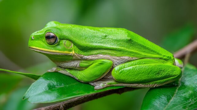 A vibrant green gliding frog is perched on a branch in a dense tropical rainforest. The frog blends perfectly with its green surroundings, showcasing its smooth skin under natural light.