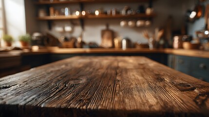 Rustic wooden table top in a kitchen setting.