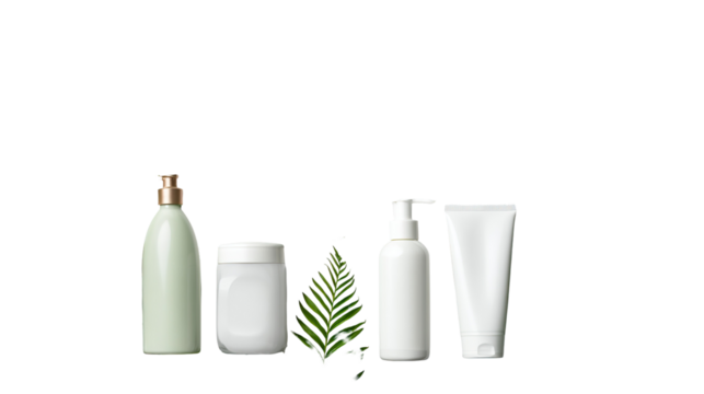 Skincare Products with Tropical Leaves on Transparent Background

