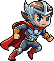Chibi superhero warrior with red cape and silver armor in dynamic pose isolated on white background new 2025 trendy Chibi style cartoon superhero boy with cape and star emblem,sticker
