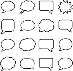 Collection of sixteen diverse black and white speech and thought bubble outlines speech bubble comic