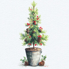 Whimsical, watercolor, skinny, Alpine Christmas Tree, decorated with pine cones and red berries, in a metal pail on white background