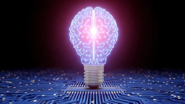 Illuminating Ideas: A radiant, futuristic concept featuring a lightbulb transformed into a glowing brain, sitting upon a circuit board, showcasing innovation and ingenuity. 