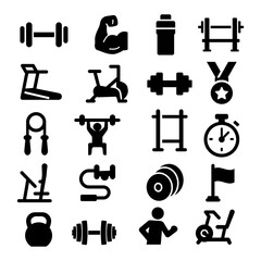 Illustration showing a set of black icons of sports equipment from a gym, on a white background