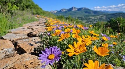 Fototapeta premium Colorful Wildflowers Line a Stone Path Leading to Distant Mountains Under a Blue Sky