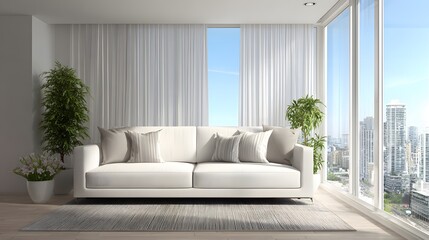 Modern living room with panoramic city view.