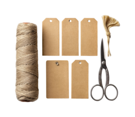 Crafting tags and supplies home diy project creative workspace, isolated on transparent background, png