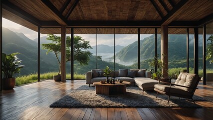 Modern spacious living room with wooden decor and mountain view  